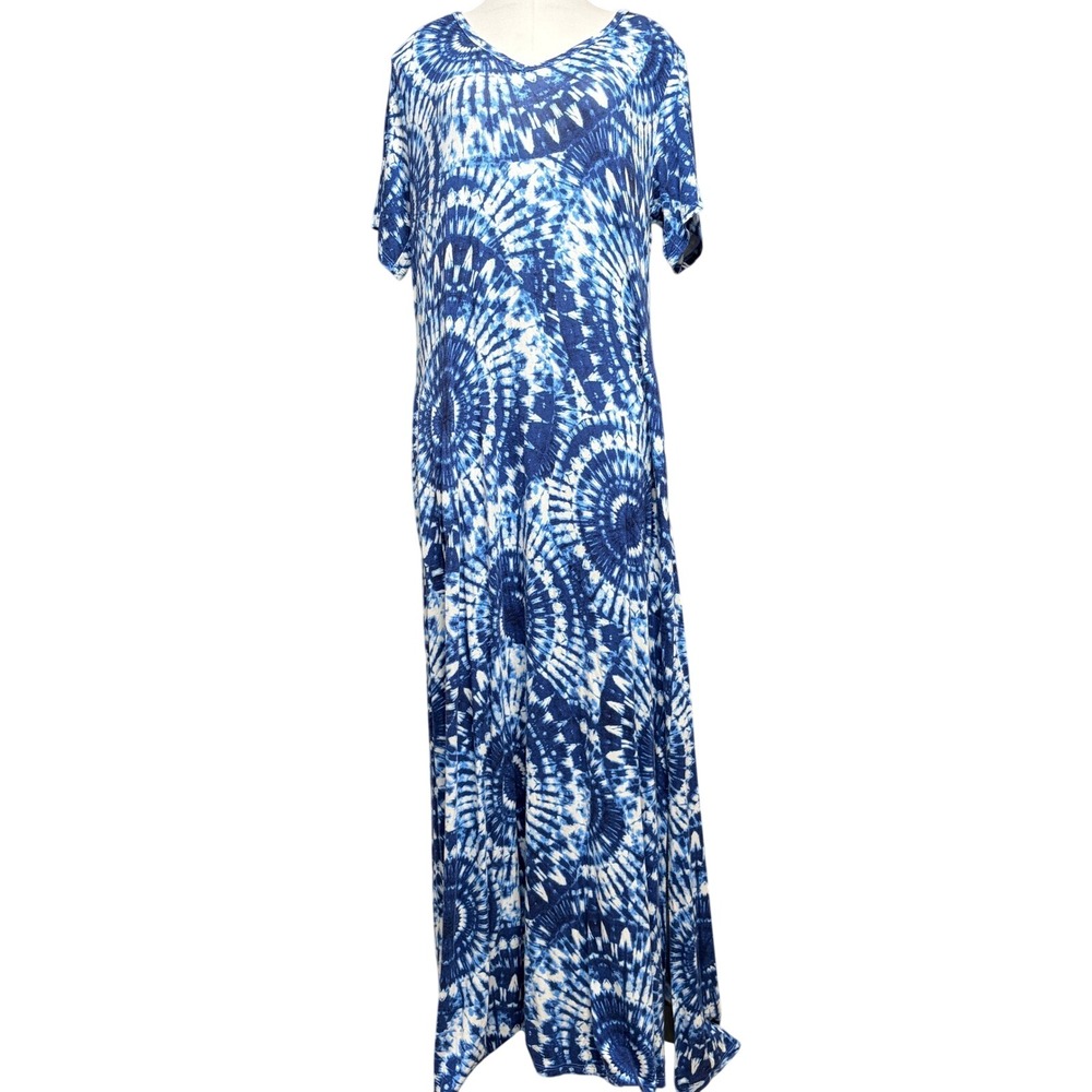 Belle by Kim Gravel Maxi Dress Womens M Blue Tie Dye V-Neck Pockets Slits Tall